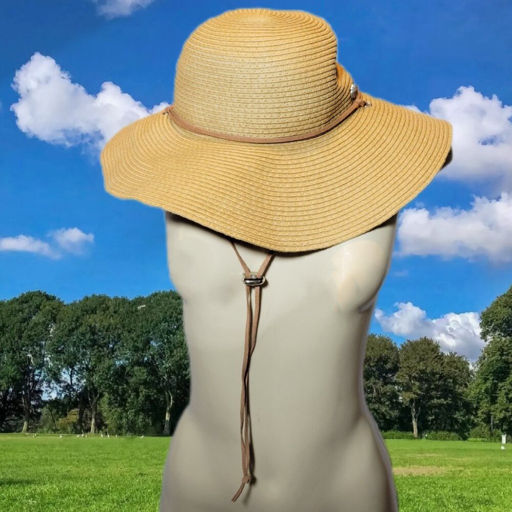 👒Tan Banana Boat Floppy Paper Straw Midwest Wide Brim Sun Hat & Chin Tie👒
